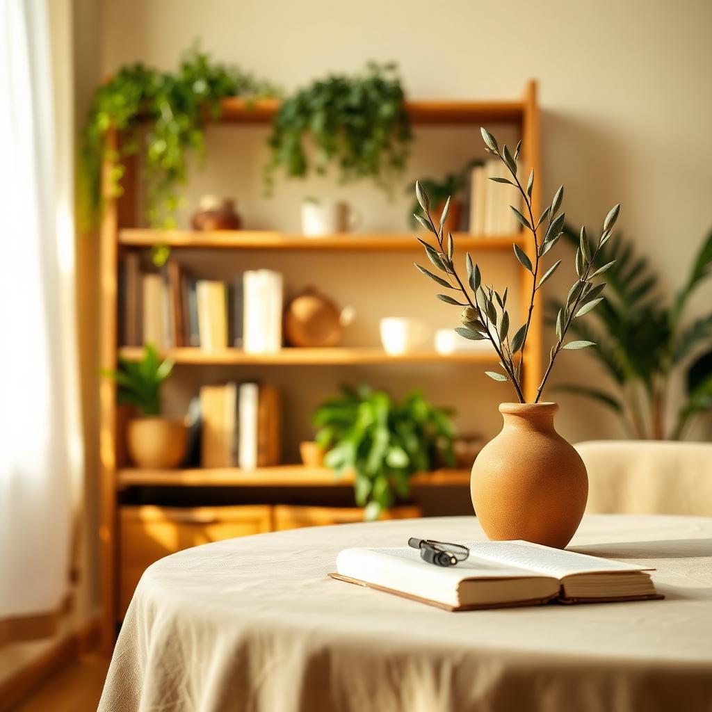 A warm therapy office with bookshelf, plants, and an olive branch