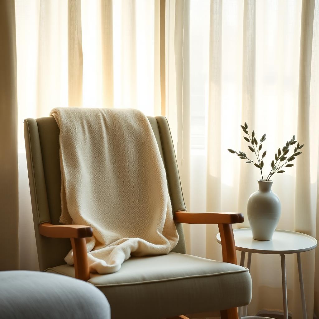 Sunlit therapy room with a soft armchair and an olive branch in a vase